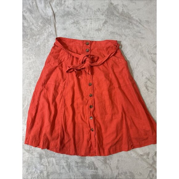 Maeve Anthropologie Linen Blend Button Front Paperbag Midi Skirt 8 Orange - Picture 3 of 10